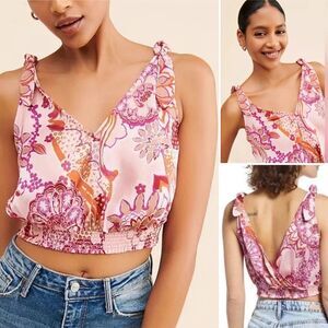 Free People Pink Weekend in Montauk Top Smocked Crop Tank In Blush Combo L